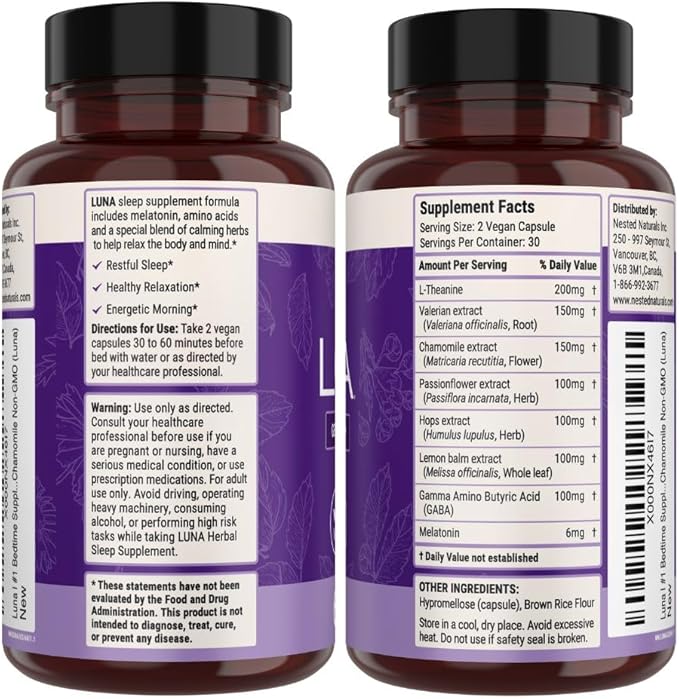 Nested Naturals Luna Sleep Aid - Non-Habit Forming Natural Sleeping Pills for Adults with Naturally Sourced Ingredients - Valerian Root Melatonin Chamomile Lemon Balm and More - 120 Vegan Capsules