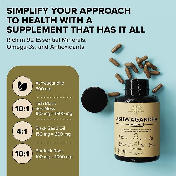 Organic Ashwagandha Root &amp Irish Sea Moss – 3600 mg Ashwagandha Supplement with Black Seed Oil &amp Burdock Root – Herbal Supplement for Energy Calm Mood &amp Wellness 120 Caps