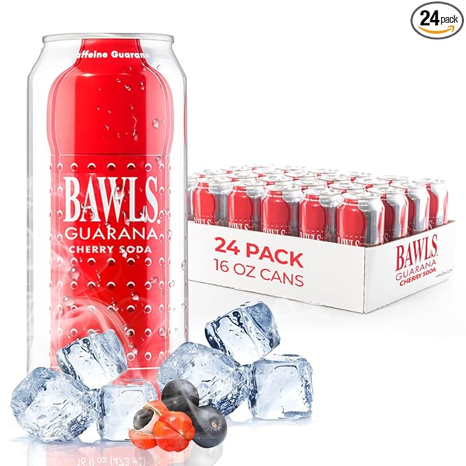 BAWLS Guarana Cherry BAWLS Guarana Drink Guarana Soda Guarana Fueled Soda for Energy High Energy Caffeinated Drink 16oz 24 Pack Cans