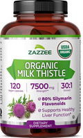 Zazzee USDA Organic Milk Thistle 30:1 Extract 80% Silymarin 120 Vegan Capsules 4 Month Supply Certified Kosher High Potency Liver &amp Antioxidant Support Silybum Marianum Non-GMO Made in the