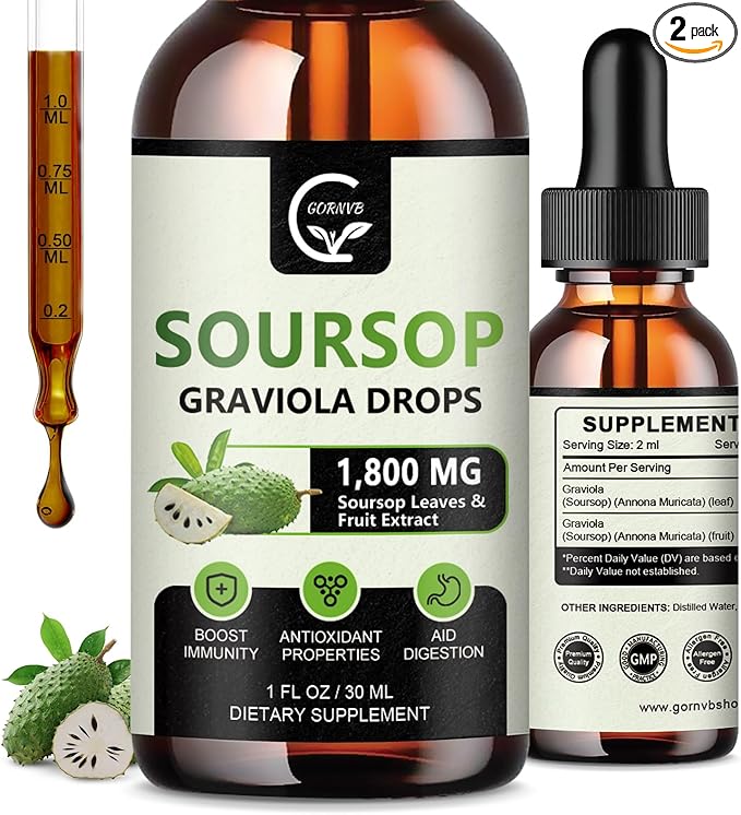 (2 Pack) Soursop Graviola Liquid Drops 1800mg 98% Absorption Soursop Bitters Liquid for Cell Support &amp Regeneration Immune Boost Relax Liver and Sleep Herbal Goodness Gluten Free 1 Fl Oz