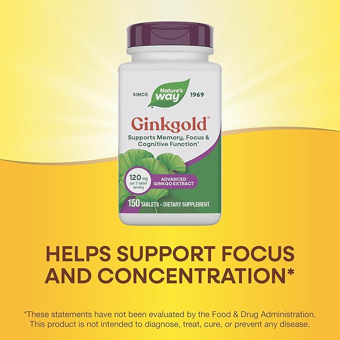 Nature's Way Ginkgold Advanced Ginkgo Extract Supplements for Support of Memory and Focus* Ginkgo Biloba Extract Supports Focus &amp Cognitive Function* 150 Tablets (Packaging May Vary)