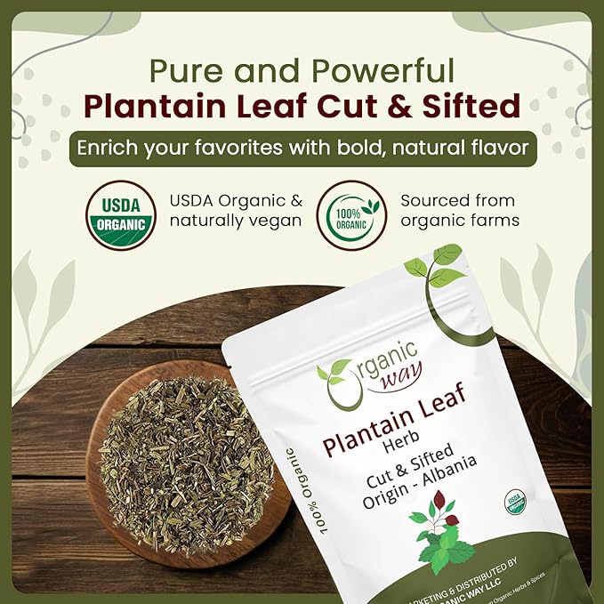 Organic Way Plantain Leaf Cut and Sifted - Herbal Tea | European Wild-Harvest | Organic &amp Kosher Certified | Non GMO &amp USDA Certified - Origin Albania (16 Ounce Pack)