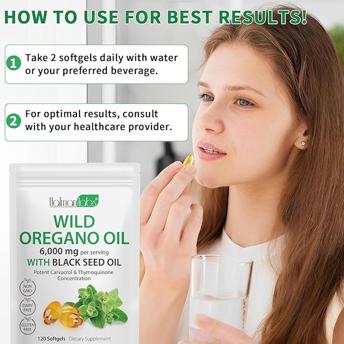 Oil of Oregano Softgels 6000mg Per Serving 240 Count | 2 in 1 Formulated with Black Seed Oil 200mg Natural Antioxidants 4X Strength Carvacrol &amp Thymoquinone | Plant Based Non-GMO &amp Immune Su