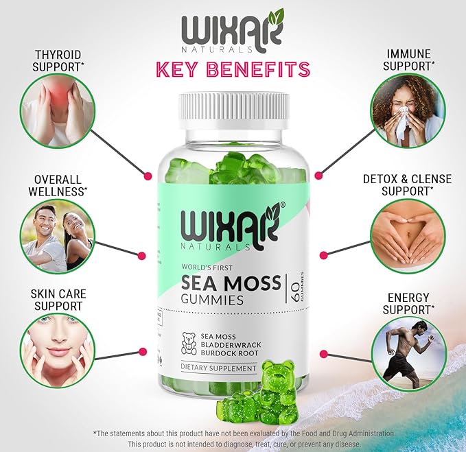 Sea Moss Gummies - Natural Irish Sea Moss and Bladderwrack with Burdock Gummy - 60 Gummies - Vegan - Healthy Immune Gut &amp Overall Wellness Support - Herbal Alkaline Supplements