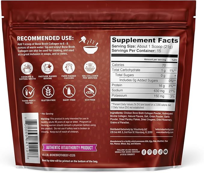 Bone Broth Collagen Powder 16g Collagen Protein per Serving Supports Joints Skin Nails &amp Gut Health Made from Real Beef Bone Broth Savory Collagen for Hot Water Soups &amp Stews Beef Flavored 15