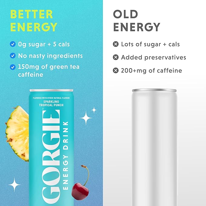 GORGIE Sugar Free Natural Energy Drinks Sparkling Paradise Punch (12 Pack) - Healthy Energy Drinks - Natural Coffee Replacement with Green Tea Caffeine and Biotin - 150mg Caffeine Vegan Low Calorie