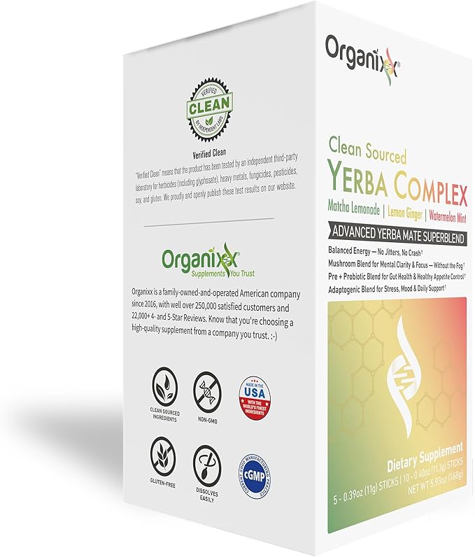Organixx Clean Sourced Yerba Complex Yerba Mate Superblend Powder Drink Mix with Ashwagandha Natural Caffeine Pre &amp Probiotics &amp Fiber Dairy and Gluten Free Variety Pack 15 Travel Packe