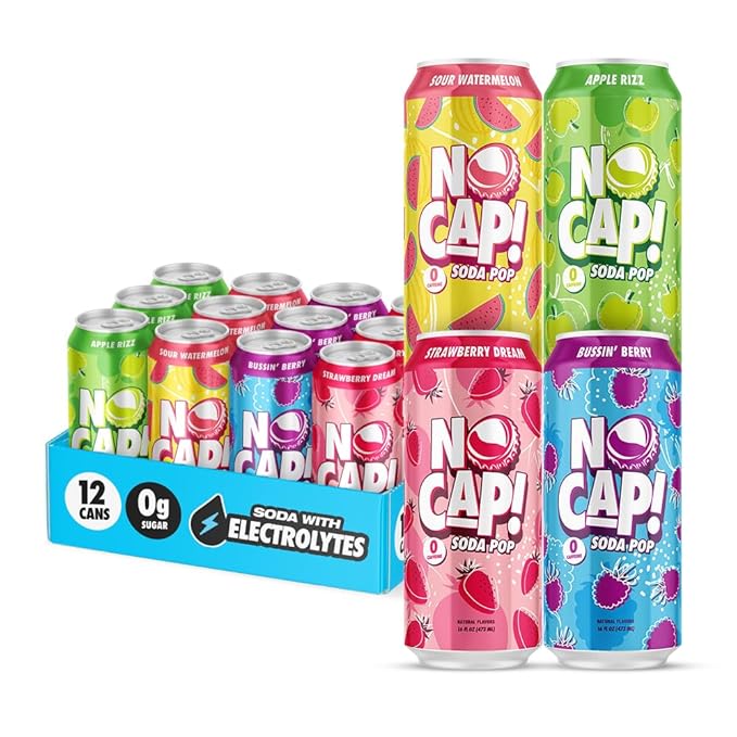 NO CAP! Next Gen Soda Pop with Electrolytes for Hydration Zero Sugar Zero Calories Caffeine-Free Soda Vegan &amp Gluten-Free 16 oz Cans 12pk (Variety Pack)