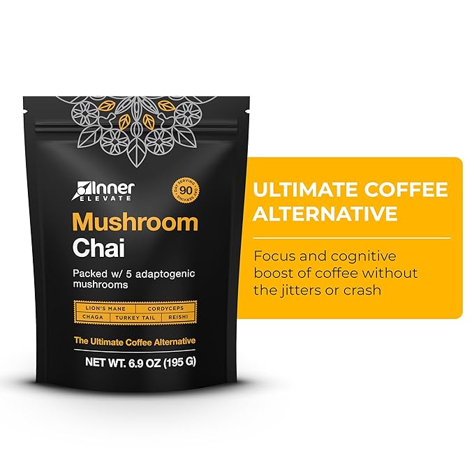 Inner Elevate Mushroom Chai - Ultimate Coffee Alternative - Adaptogenic Mushroom Tea Drink with Lion's Mane Cordyceps Chaga Reishi Turkey Tail (90 Servings)