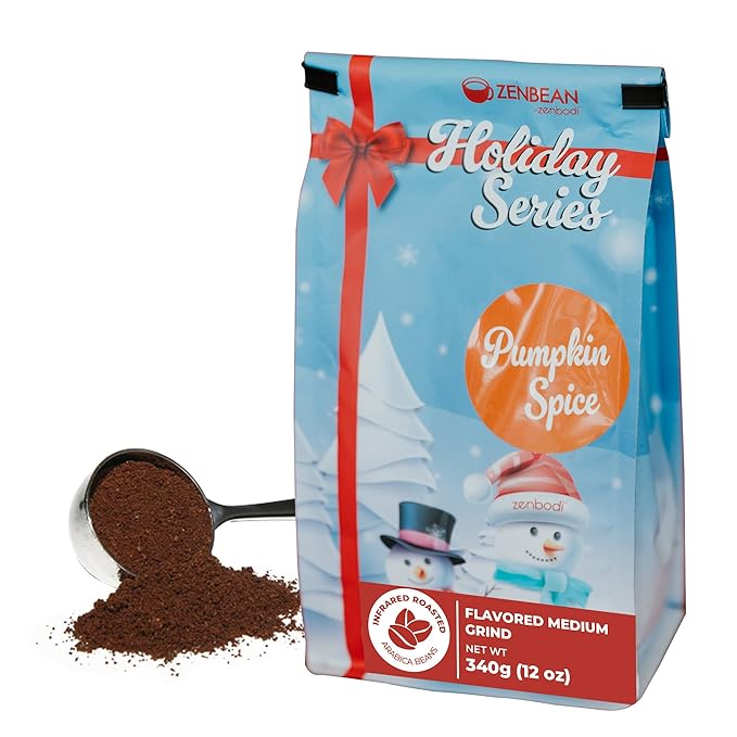 Zenbean Holiday Series Pumpkin Spice - Flavored Holiday Coffee Medium Grind Infrared Roasted Arabica Coffee Low Acid with Rhodiola Rosea and L-Theanine Makes 20 Servings 12 Ounce Bag