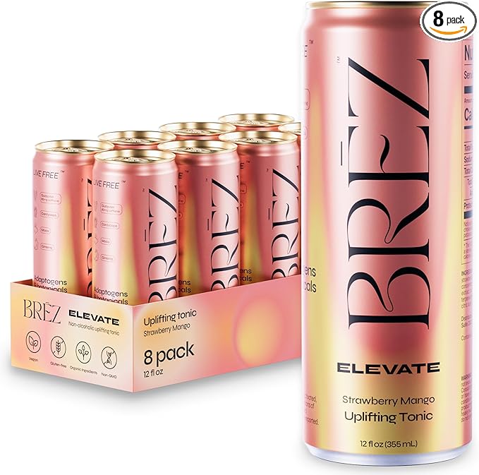 BRĒZ ELEVATE Cordyceps Mushroom Drink Non-Infused Uplifting Tonic with Cordyceps Guayusa Maca &amp Ginseng Vegan Adaptogen Drink for Focus Drive &amp Mental Clarity Strawberry Mango 12 fl oz