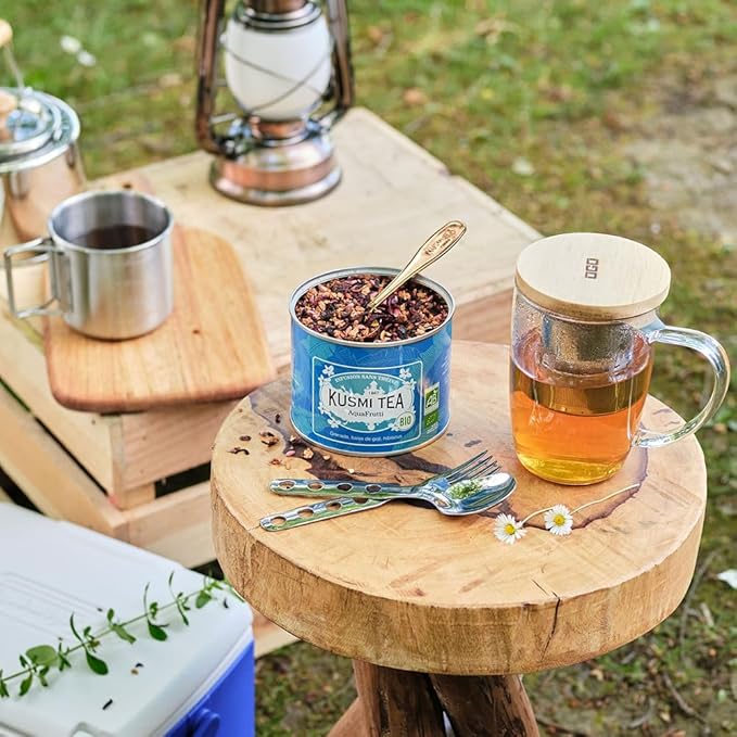 Kusmi Tea - AquaFrutti - Organic Blend of Hibiscus Pomegranate Apple Blackcurrant &amp Goji Berries - Caffeine Free Tea - Enjoy Hot or Iced - Loose Leaf Tea - Tin Box of 3.5 oz for about 50 cups