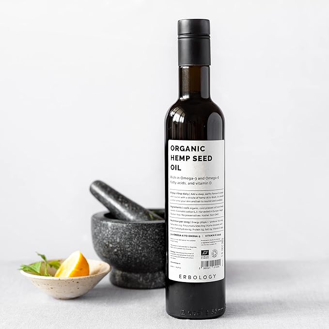 Erbology Organic Hemp Seed Oil 17 fl oz - Cold-Pressed - Rich in Omega-3 - Source of Vitamin D - Straight from Farm - Non-GMO - No Additives or Preservatives - Recyclable Glass Bottle