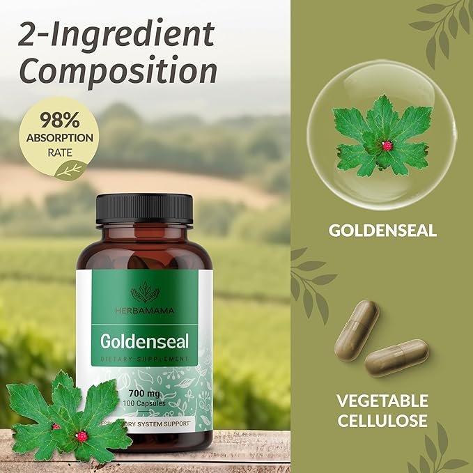HERBAMAMA Goldenseal Root Capsules 700mg - Respiratory System &amp Immune Support with Goldenseal Powder Supplement - Vegan Non-GMO