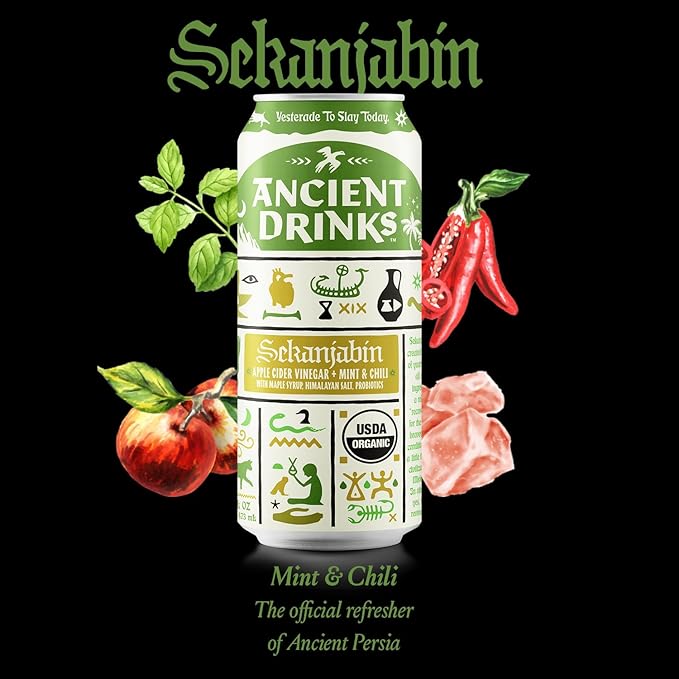 ANCIENT DRINKS Sekanjabin Apple Cider Vinegar Hydration Drink – Organic Electrolyte ACV Beverage with Probiotics – Ancient Persian Inspired Mint &amp Honey Vinegar Drink – 16 oz Cans 12 Pack