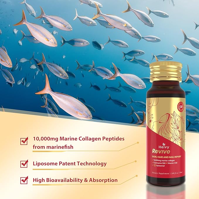 Heivy Liposomal Liquid Collagen for Women 10000mg Marine Collagen Peptides &lt1000Da Patented Liposome 133% Higher Absorption CoQ10 Biotin Vitamins GMP Tested Non-GMO Gluten Free 50mL 10 Bottle