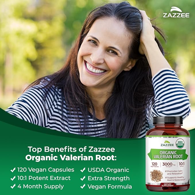 Zazzee USDA Organic Valerian Root 10:1 Extract 120 Vegan Capsules 4 Month Supply Valeriana Officinalis Relaxation Calm &amp Mood Support All-Natural Non-GMO Made in the USA