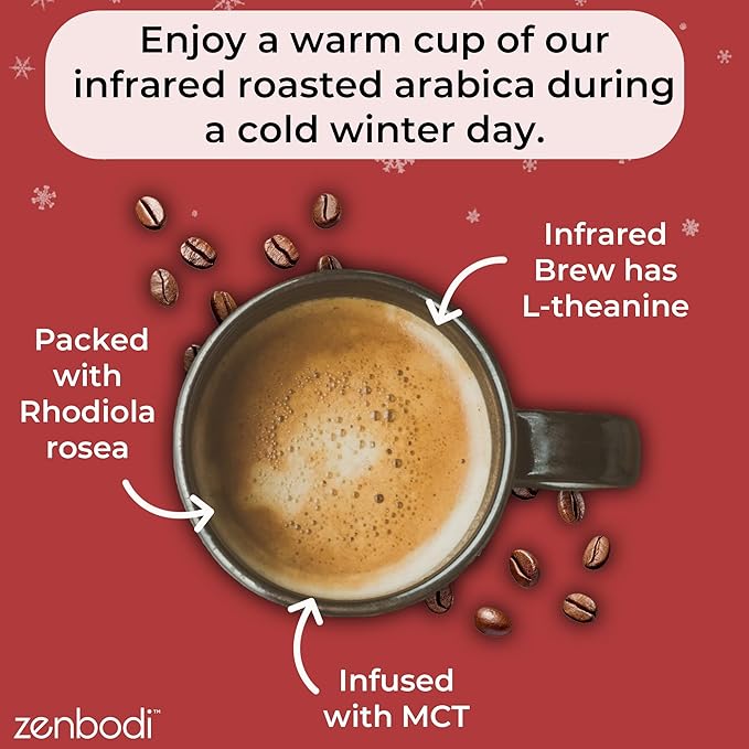 Zenbean Holiday Series Holiday Blend - Flavored Holiday Coffee Medium Grind Infrared Roasted Arabica Coffee Low Acid with Rhodiola Rosea and L-Theanine Makes 20 Servings 12 Ounce Bag