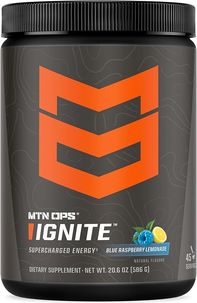 MTN OPS Ignite Sugar Free Energy Drink Powder with 200mg Caffeine Nootropic Blend for Energy Focus &amp Endurance L Arginine &amp L Citrulline Pre Workout 45 Servings Blue Raspberry