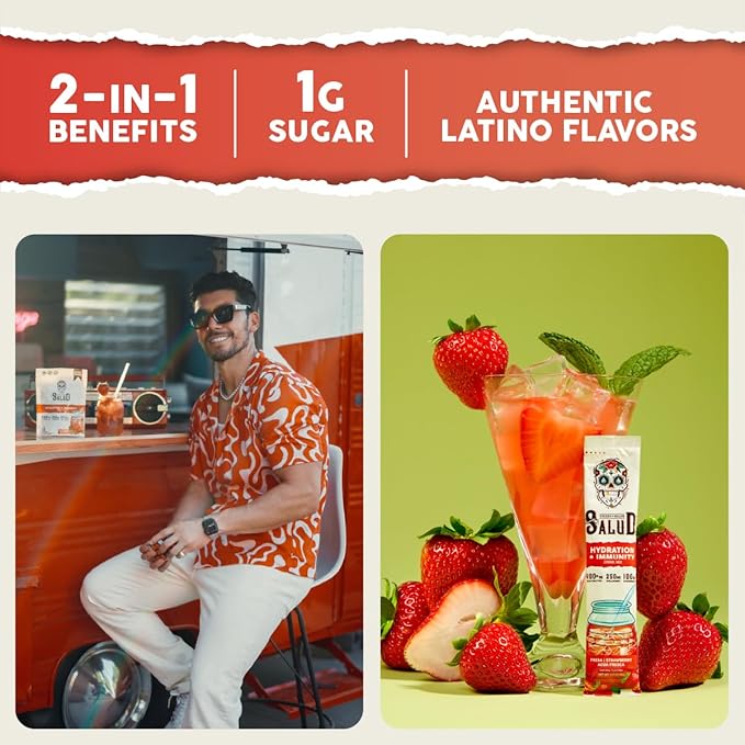 Salud 2-in-1 Hydration Packets + Immunity Electrolytes Powder Strawberry - Fresca Agua Fresca Drink Mix Elderberry Dairy &amp Soy Free Non-GMO Gluten Free Vegan Low Calorie 1g Sugar (15 Servi