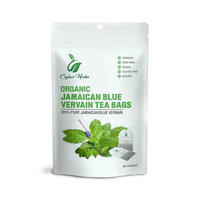 50 Jamaican Blue Vervain Tea Bags - 100% Pure Wild-Crafted Herbal Tea Bags for a Smooth and Earthy Brew Healthy Well-Cleaned Whole Plant Tea Cut