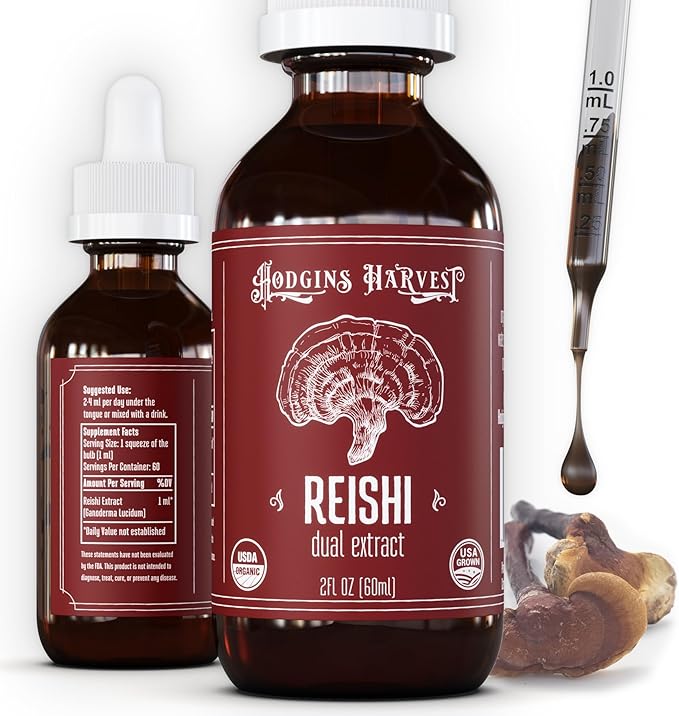 Hodgins Harvest Organic Reishi Mushroom Fruiting Body Extract Tincture - Extra Concentrated Dual Extract Supplement - Supports Heart Health &amp Wellness - USDA Organic Mushrooms - 2 oz