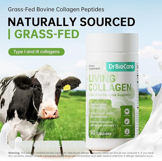 DrBioCare Living Collagen L-Carnitine Complex Supplement Grass Fed Bovine Collagen PeptidesBovine ColostrumCinnamon ExtractMulberry Leaf Extract Non-GMO 60 Capsules