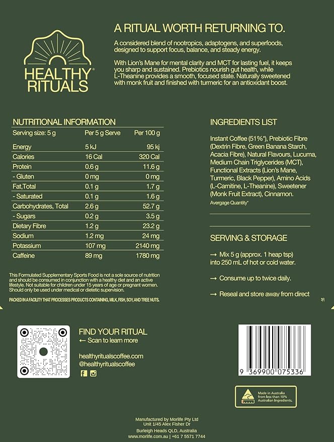 Healthy Rituals Mushroom Coffee SuperBlend Powder with Lion’s Mane MCT Oil L-Theanine Turmeric Prebiotic Fiber &amp L-Carnitine Naturally Sweet Rich &amp Smooth Premium Arabica Instant Coffee
