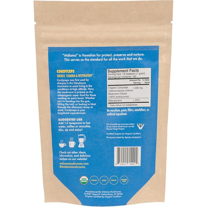 Cordyceps Extract Powder by Malama Organic Fruiting Body Cordyceps Mushroom Powder Superfood Adaptogenic Supports Energy Endurance &amp Mood 100 Servings