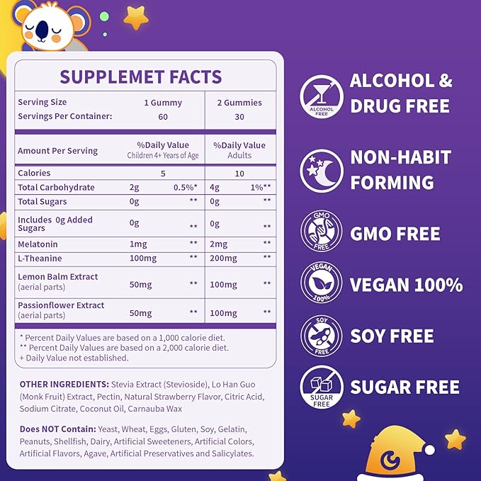 Kids Melatonin Gummies 1mg - 120 Count (Pack of 2) Sugar Free Tooth-Friendly Sleep Aid for Children 4+ Non-GMO &amp Pectin Based Natural Strawberry Flavor 60-120 Day Supply