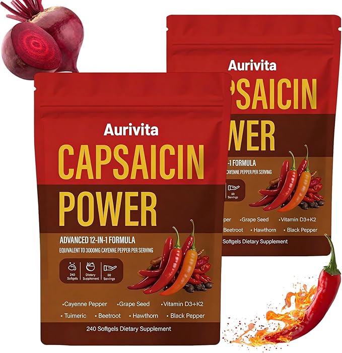 Capsaicin Power Capsaicin Softgels Cayenne Pepper &amp Beetroot Extracts - Herbal Supplement with Vitamin D3+k2 240 Softgels (2 PCS)