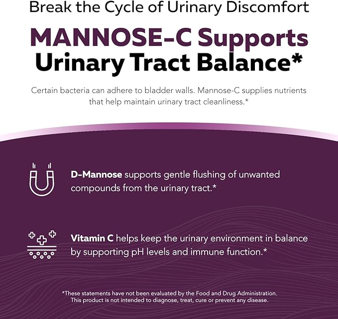 Mannose-C - Organic D-Mannose + Whole Food Vitamin C Natural UTI Support Supplement to Flush &amp Cleanse Urinary Tract Certified Organic Urinary Health for Women Vegan Non-GMO (180 Count)