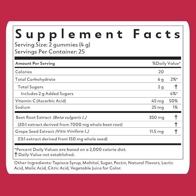 Beets+ Gummies - Premium Beet Root Powder Grape Seed Extract and Vitamin C - Supports Healthy Blood Pressure and Heart Health - Low Sugar Nitric Oxide and Circulation Supplement - 50 Gummies