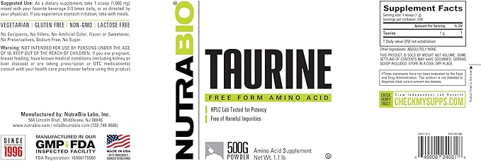 NutraBio Taurine Powder 500g | Pure Free-Form L-Taurine Amino Acid Supplement | Supports Cellular Health Energy and Wellness | Non-GMO USP Grade