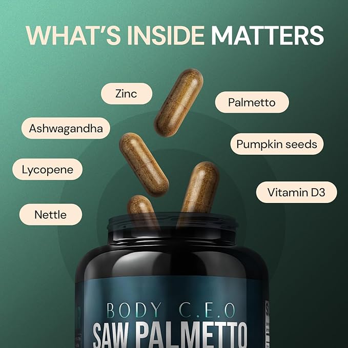 Saw Palmetto for Men - Prostate Health &amp Urinary Support - Stinging Nettle Ashwagandha Lycopene - Support Healthy Bladder Flow &amp Prostate Function - 60 Capsules