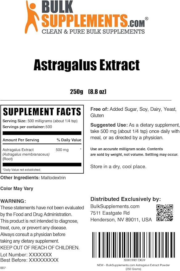 BulkSupplements.com Astragalus Extract Powder - Astragalus Root Powder Herbal Supplement - Vegan &amp Gluten Free 500mg per Serving 250g (8.8 oz) (Pack of 1)