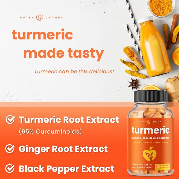 Turmeric Gummies for Adults &amp Kids with Ginger &amp Black Pepper Extract | 95% Curcuminoids | Vegan Natural Curcumin Joint Support | 120 Tumeric Gummy Supplements (2-Pack)