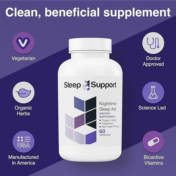 SleepSupport - Natural Sleep Aid for Adults to Help Promote Calm and Relaxation - Organic Sleep Supplement with Ashwagandha Valerian Root Magnesium Melatonin Glycine L-Tryptophan - 60 Capsules