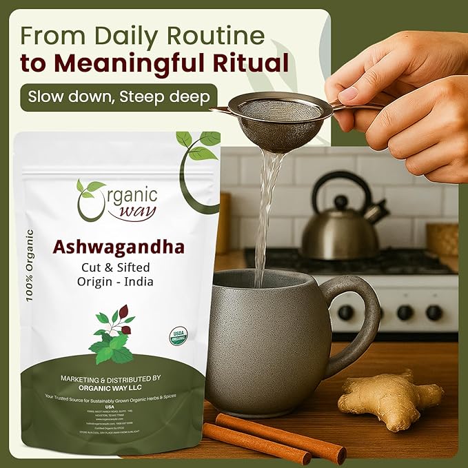 Organic Way Ashwagandha Root Cut &amp Sifted (Withania somnifera) - Organic &amp Kosher Certified | Vegan Non GMO &amp Gluten Free | USDA Certified | Origin - India (1LBS / 16Oz.)