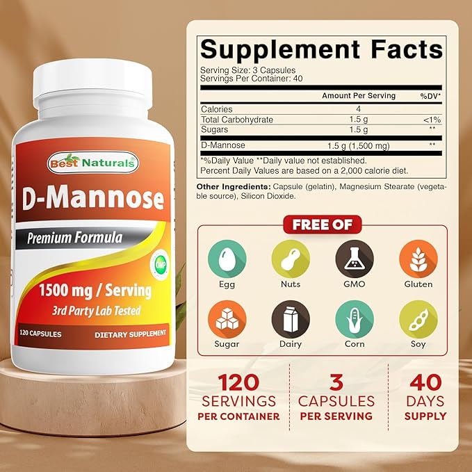 Best Naturals D-Mannose 1500 mg Per Serving 120 Capsules (Pack of 2)