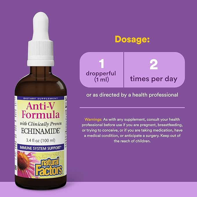 Natural Factors Anti-V Liquid Formula Echinacea Supplement for Immune and Wellness Support Organic Non-GMO 3.4 oz (100 servings)