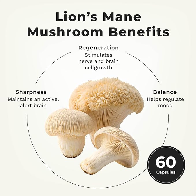 LifeSeasons Essentials Lion's Mane Mushroom - Support Healthy Brain Function &amp Emotional Balance - Stimulate Nerve &amp Brain Cell Growth - Mood Enhancer - 1000mg per Serving - 60 Capsules