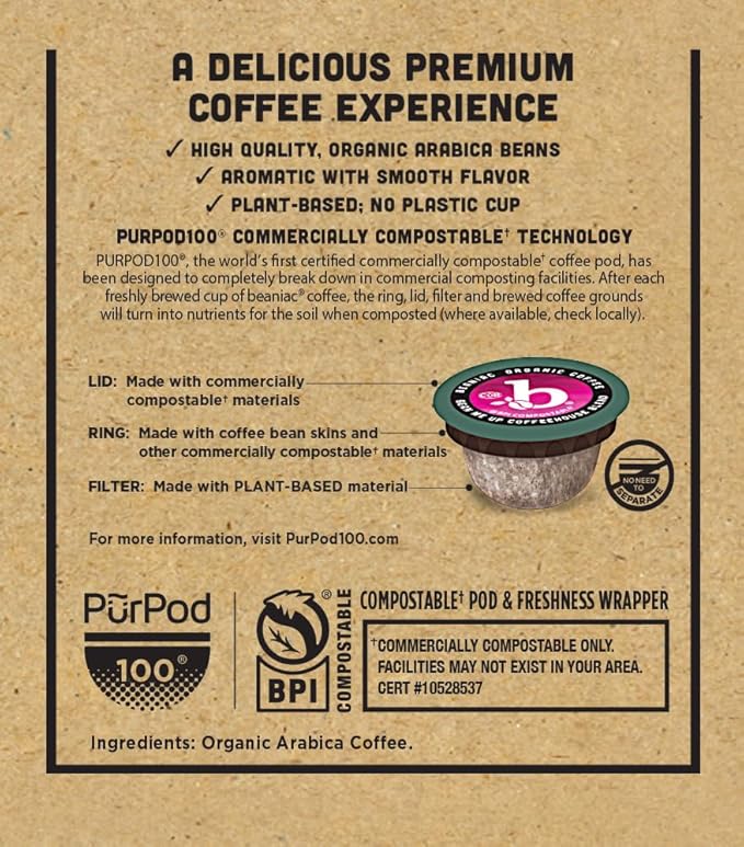 beaniac Organic Bean Me Up Coffeehouse Blend Medium Roast Single Serve Compostable K Cup Coffee Pods Organic Arabica Coffee Keurig Brewer Compatible 72 Count