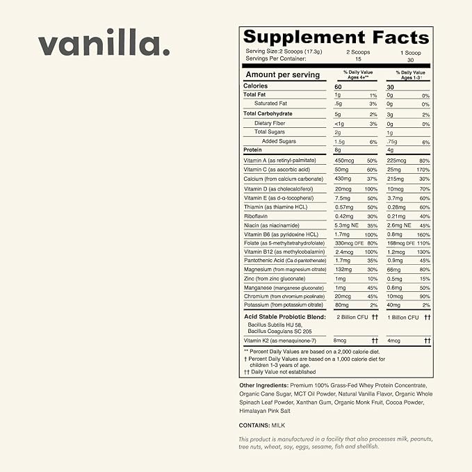 Vanilla Mighty Milk - Kids All-in-One Daily Protein Powder &amp Multivitamin Boosted with 2 Billion Probiotics &amp Organic Spinach - Natural Flavors Colors &amp Sweeteners - 15-30 Servings
