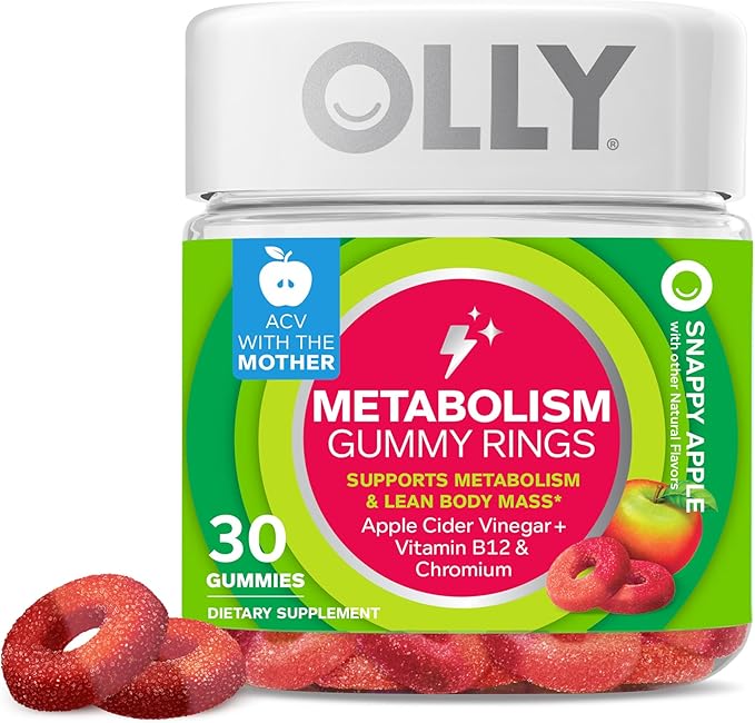 OLLY Metabolism Gummy Rings Apple Cider Vinegar Vitamin B12 30 Count Sleep Immunity Melatonin Gummy Vitamin C Zinc Echinacea 36 Count Bundle
