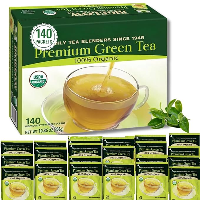 Premium Bigeloww Organic Green Tea 140 Count Individually Wrapped Tea Bags - For Daily Wellness &amp Antioxidant Boost - Packaged for Freshness