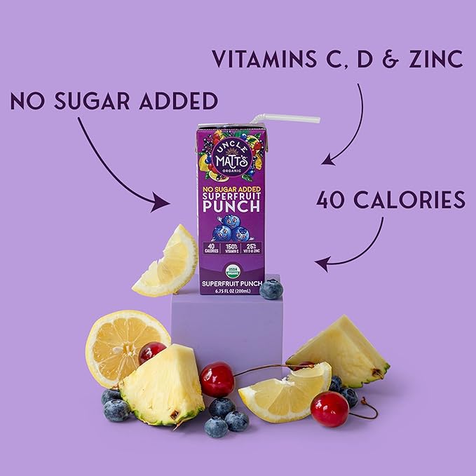 Uncle Matt’s Organic Juice Boxes – 32 pack No Added Cane Sugar Superfruit Punch USDA Organic Only 40 Calories with Vitamin C D &amp Zinc Kid-Friendly Juice Drinks