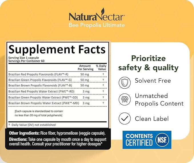 NaturaNectar - Ultimate Bee Propolis Capsules - NSF Contents Certified -Brazilian Red Brown &amp Green - Gluten-Free Supplement with Flavonoids - Naturally Sourced Through Ethical Beekeeping (60pcs
