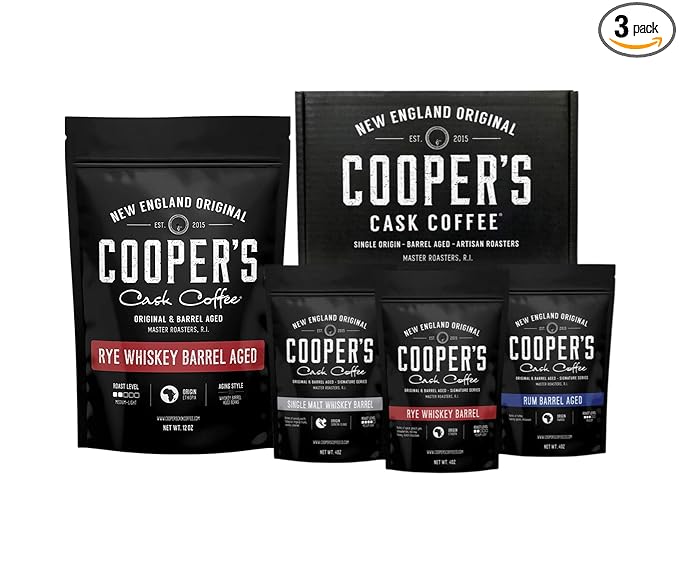 Rye Whiskey Barrel Aged Coffee - Single Origin Ethiopian Coffee Raw Beans Aged in Rye Whiskey Barrels - Ground 12oz and Bourbon Barrel Aged Coffee Set (Pack of 3) - Ground 4oz